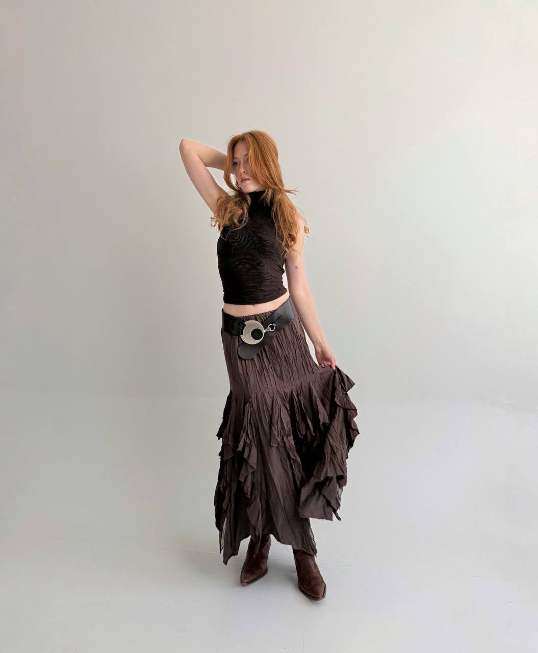 Vintage brown asymmetrical long skirt