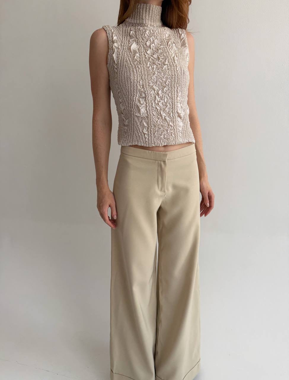 Vintage champagne satin pleated top