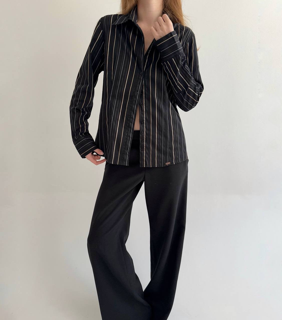 Vintage striped 55% cotton black shirt