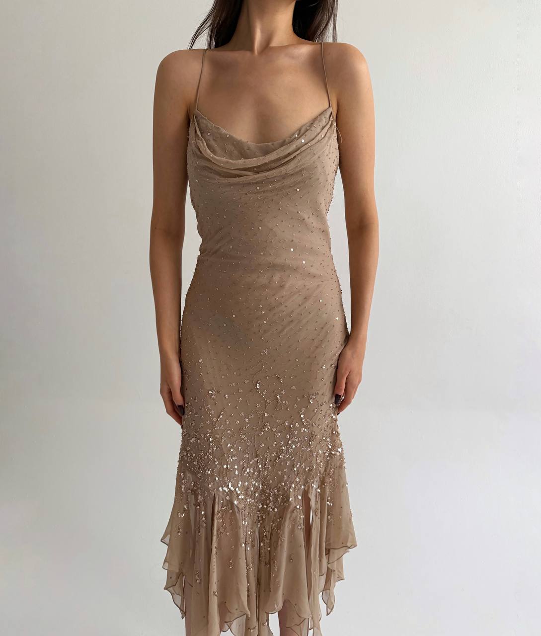 Vintage pure silk nude beaded dress