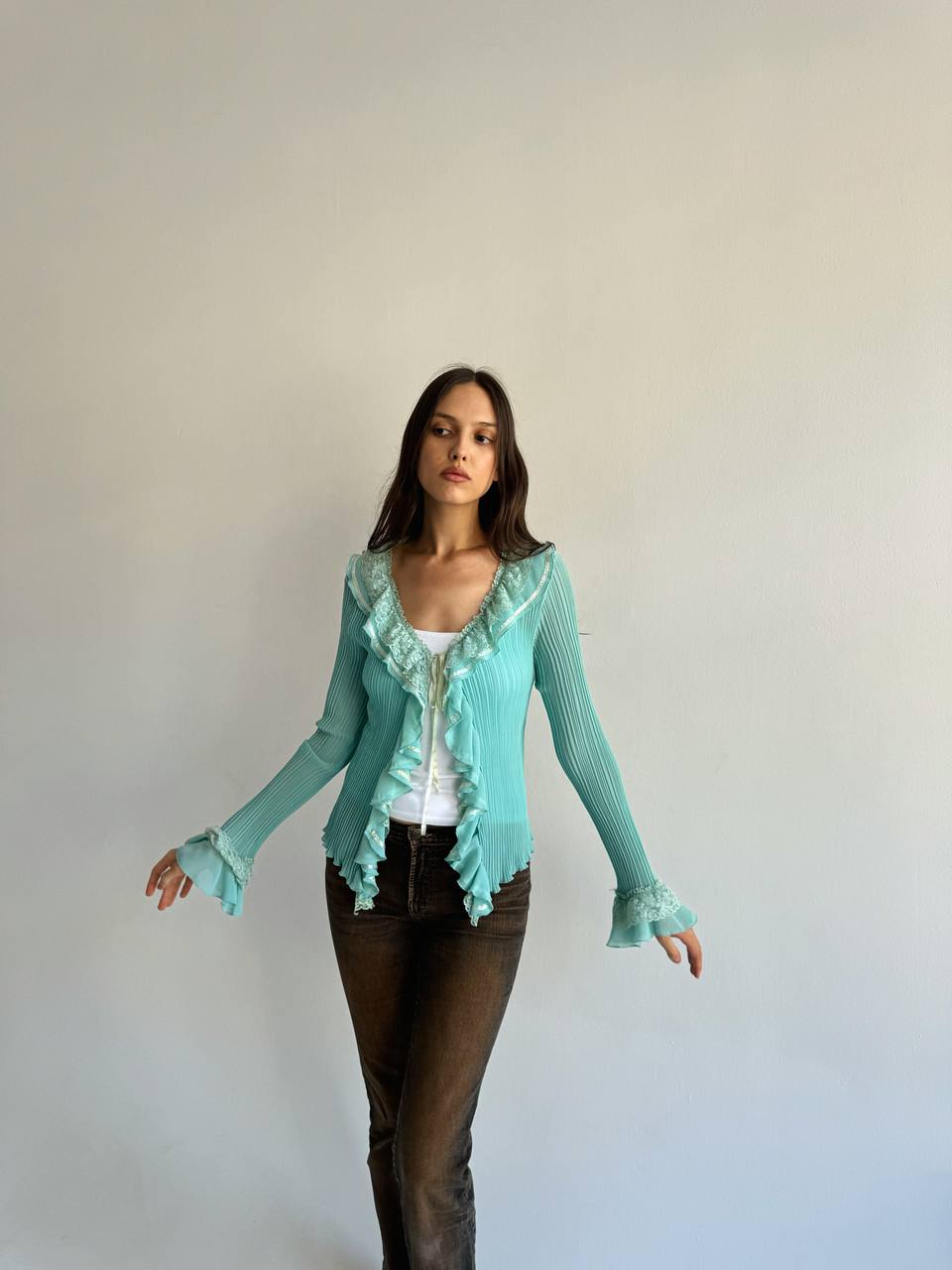 Vintage turquoise pleated lace ruffled blouse