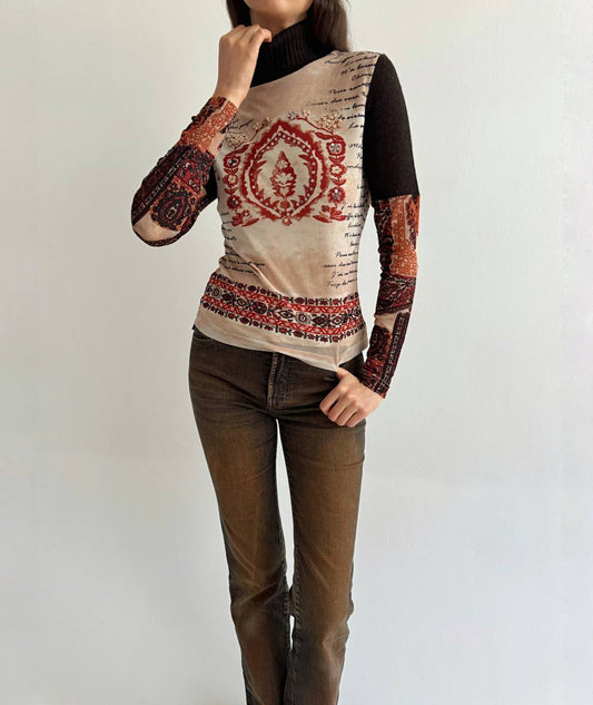 Vintage mesh printed blouse with knitted turtleneck