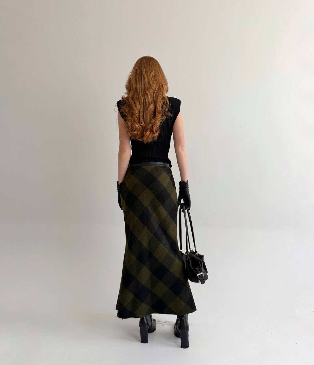 Vintage dark green khaki checked maxi skirt