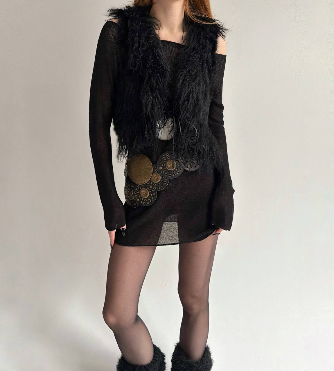 Black fur cropped vest