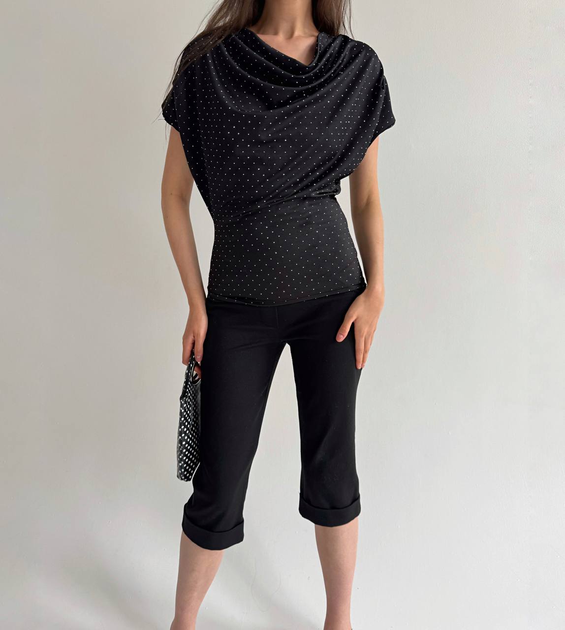 Vintage black draped blouse with rhinestones