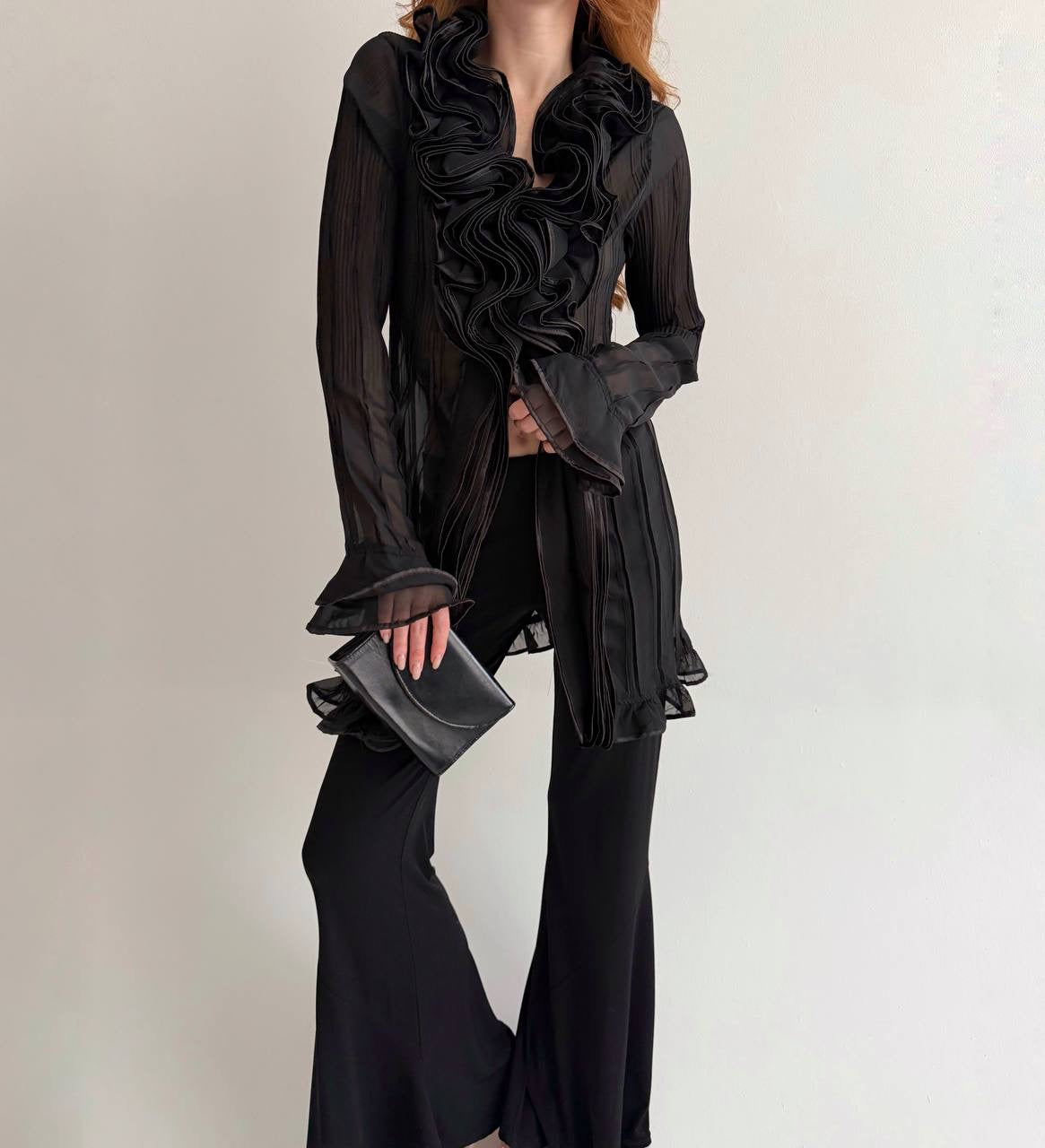 Vintage black ruffled semi sheer long blouse