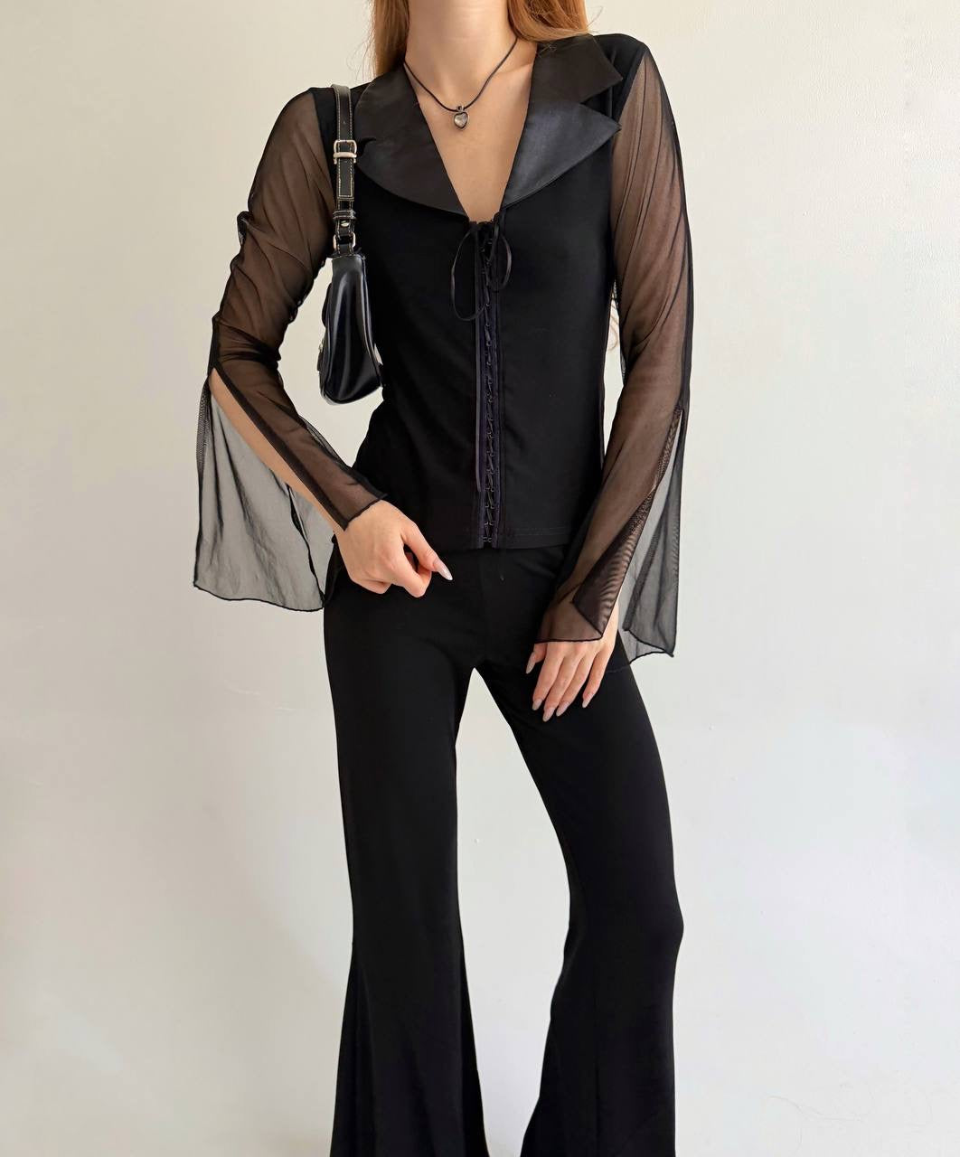 Vintage black blouse with sheer sleeves