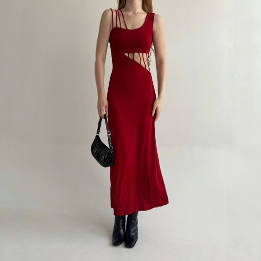 Vintage red long dress with cuts