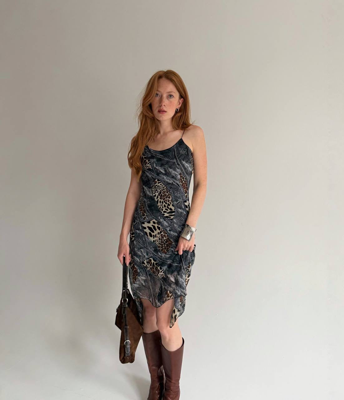 Vintage leopard and denim print midi dress