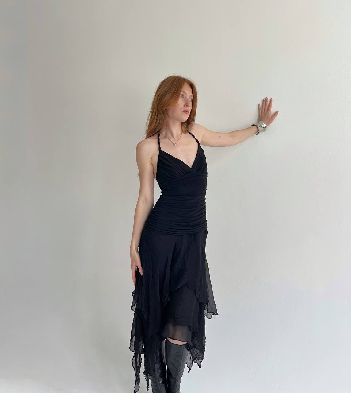 Y2K pure silk bottom black asymmetrical dress