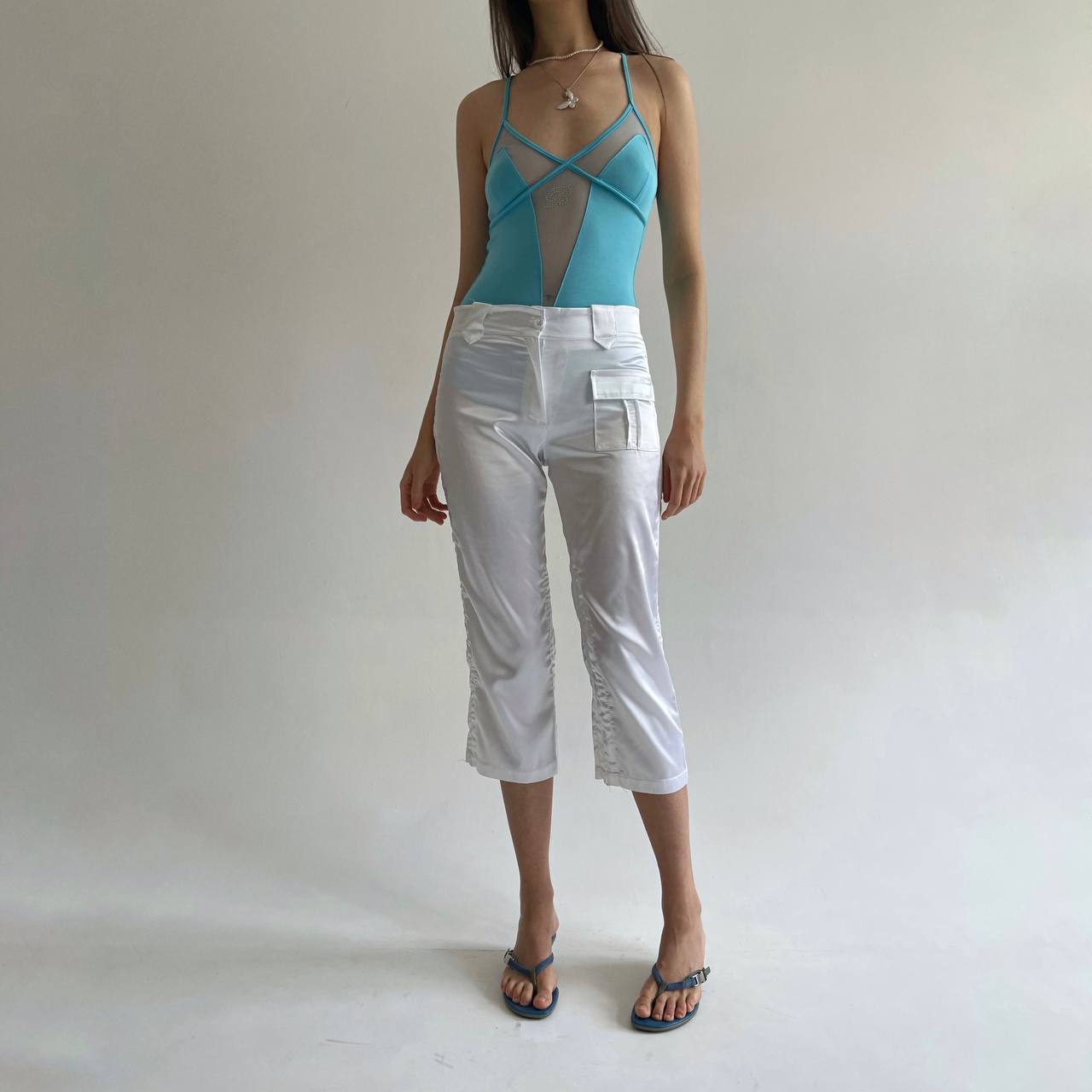 Vintage white satin capris with side gathering