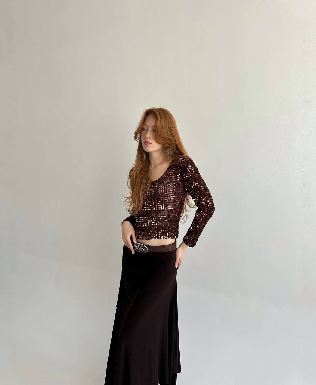 Vintage brown crochet sequin blouse