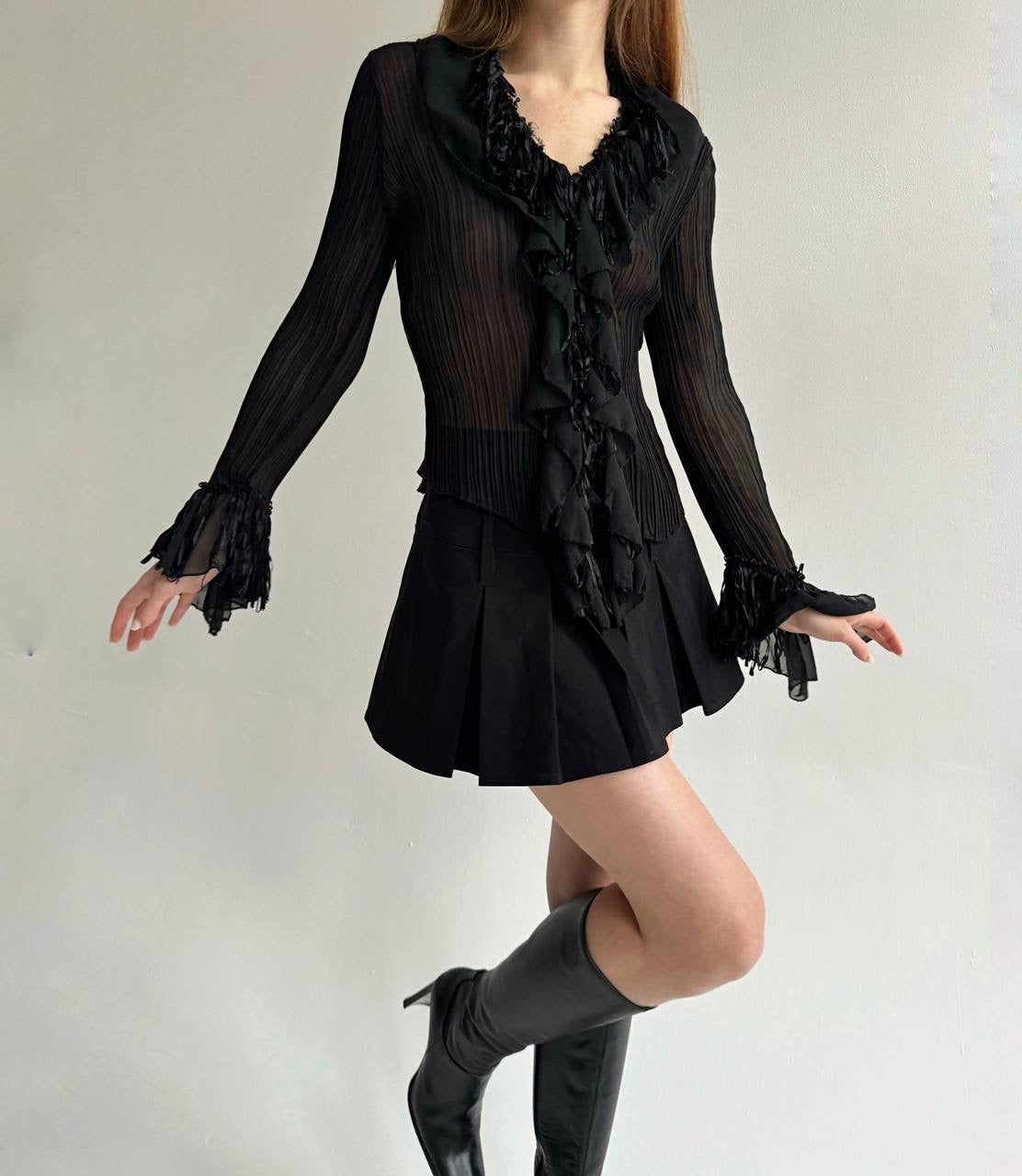 Vintage black transparent pleated blouse
