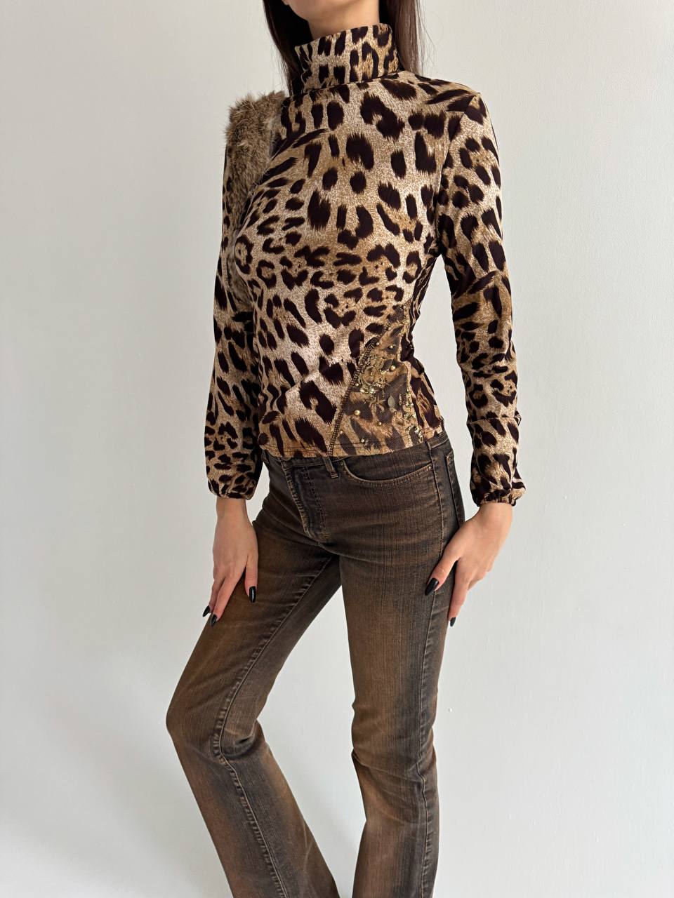 Vintage cotton leopard blouse with fur