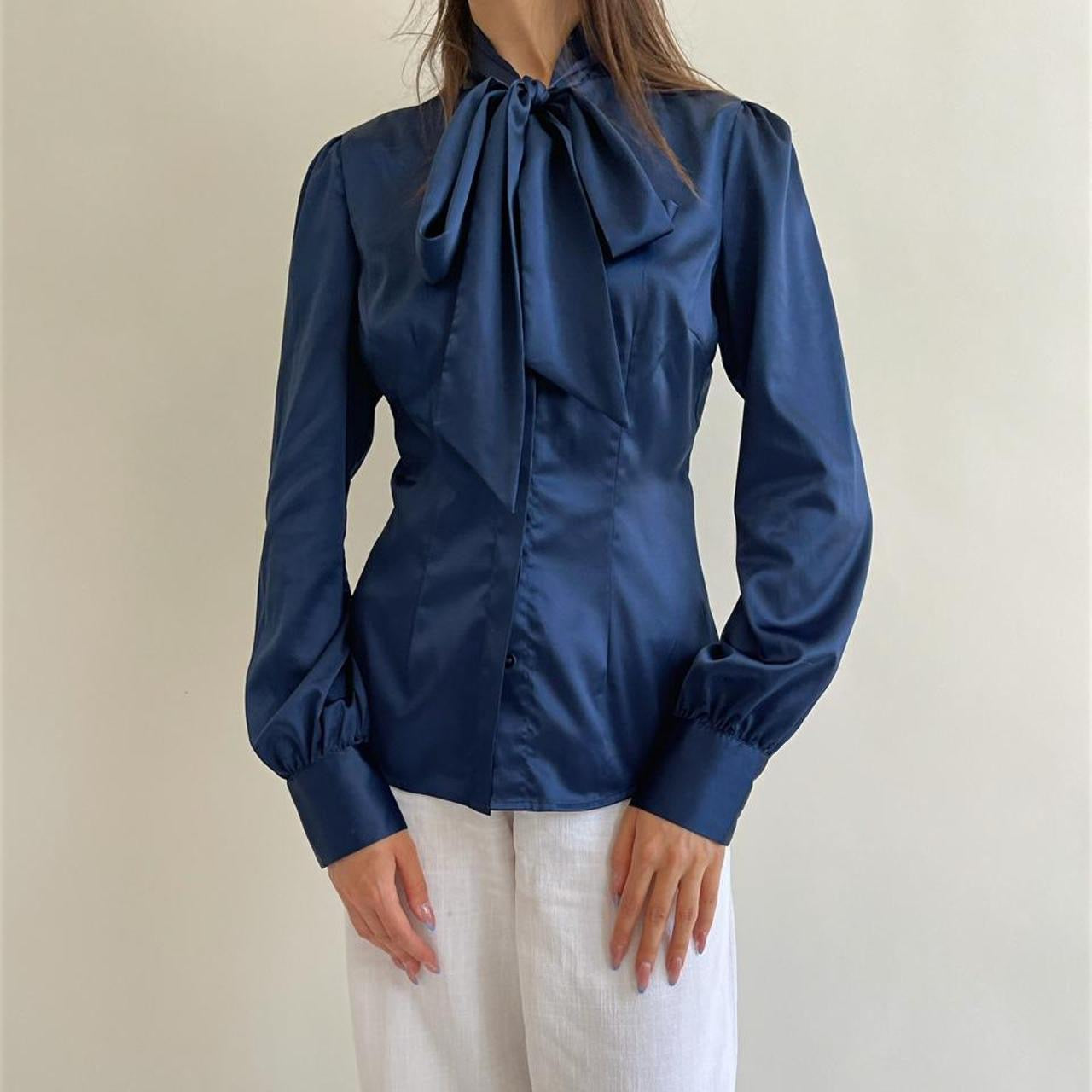 Vintage satin blue blouse with a bow