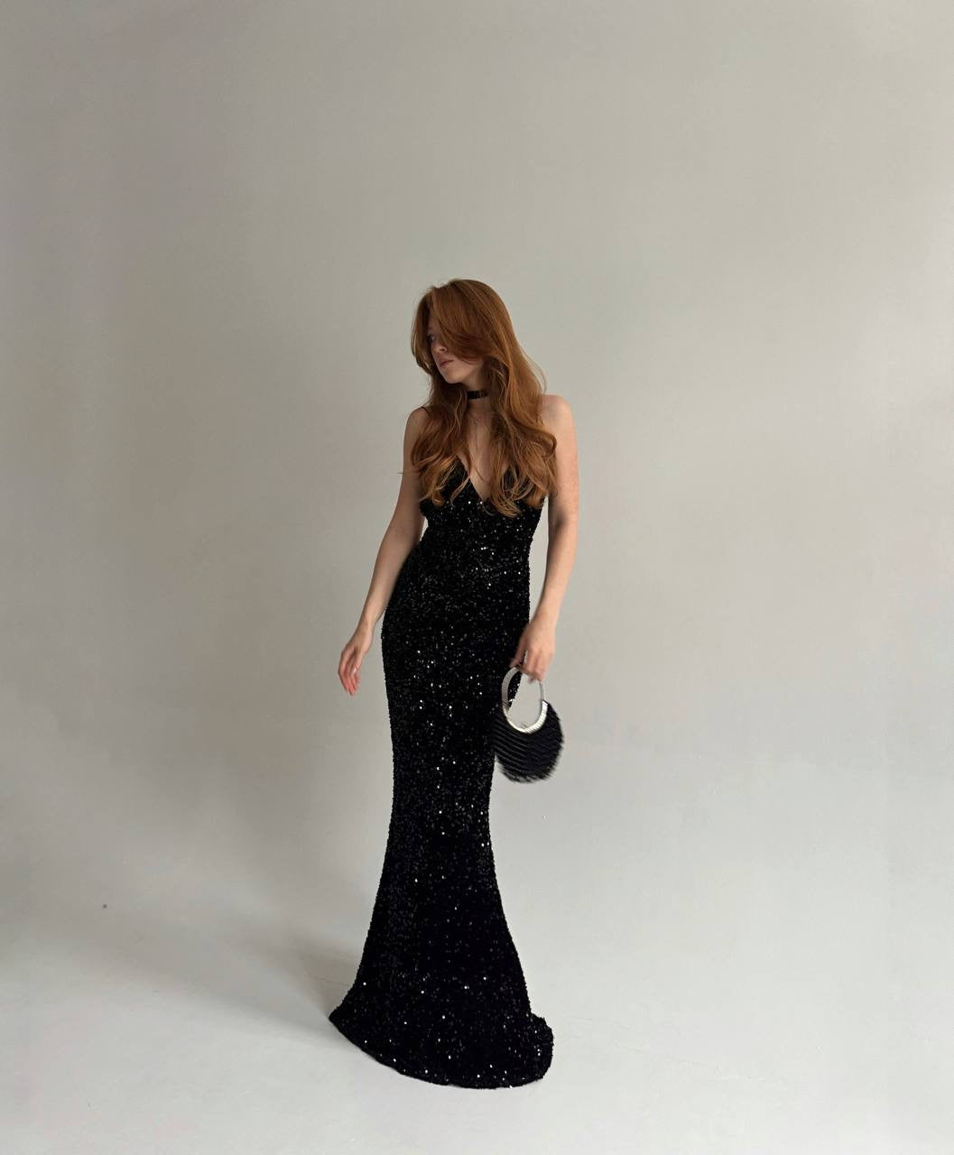 Vintage black long gown covered with sequins