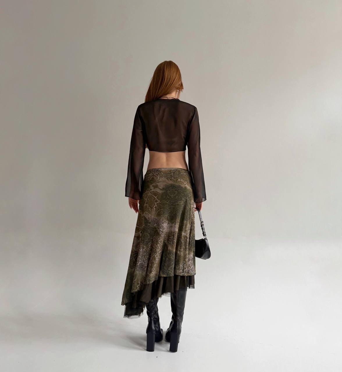 Y2K green printed midi asymmetrical skirt