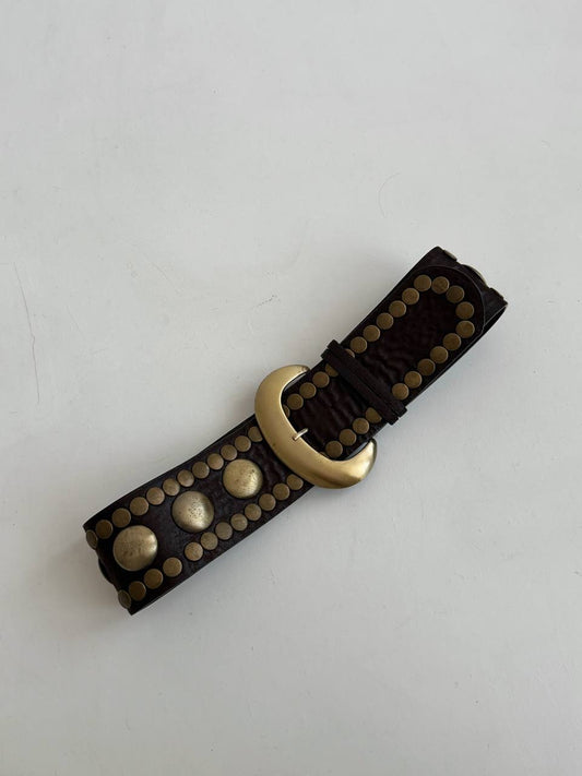 Vintage faux leather brown wide belt with gold tone details and big buckle