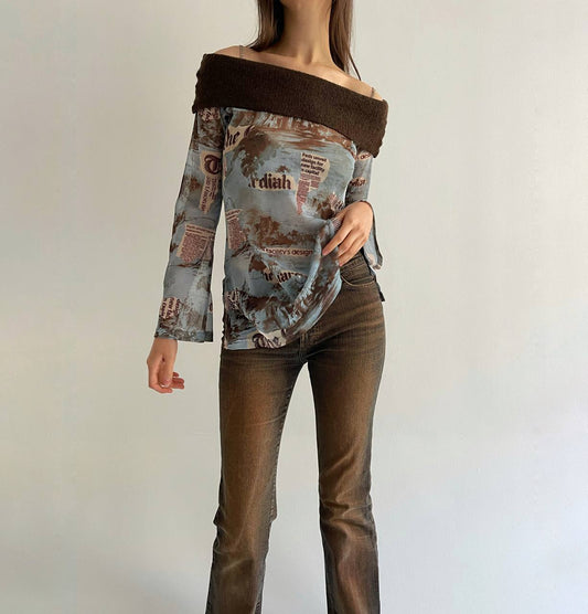 Vintage mesh printed blouse with wool collar