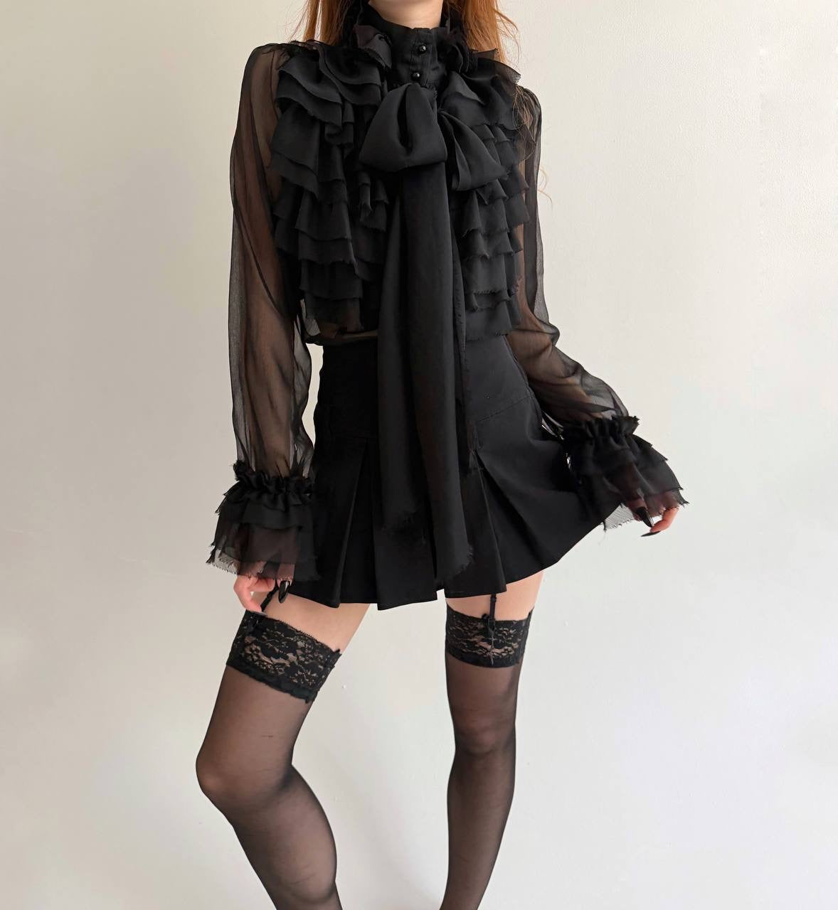 Y2K sheer black blouse with raw trim