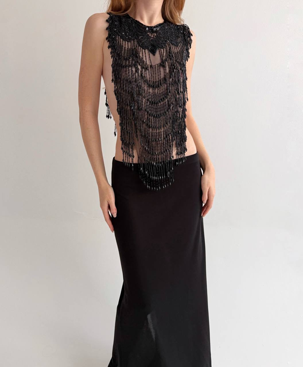 Vintage black beaded fringe mesh top accessory