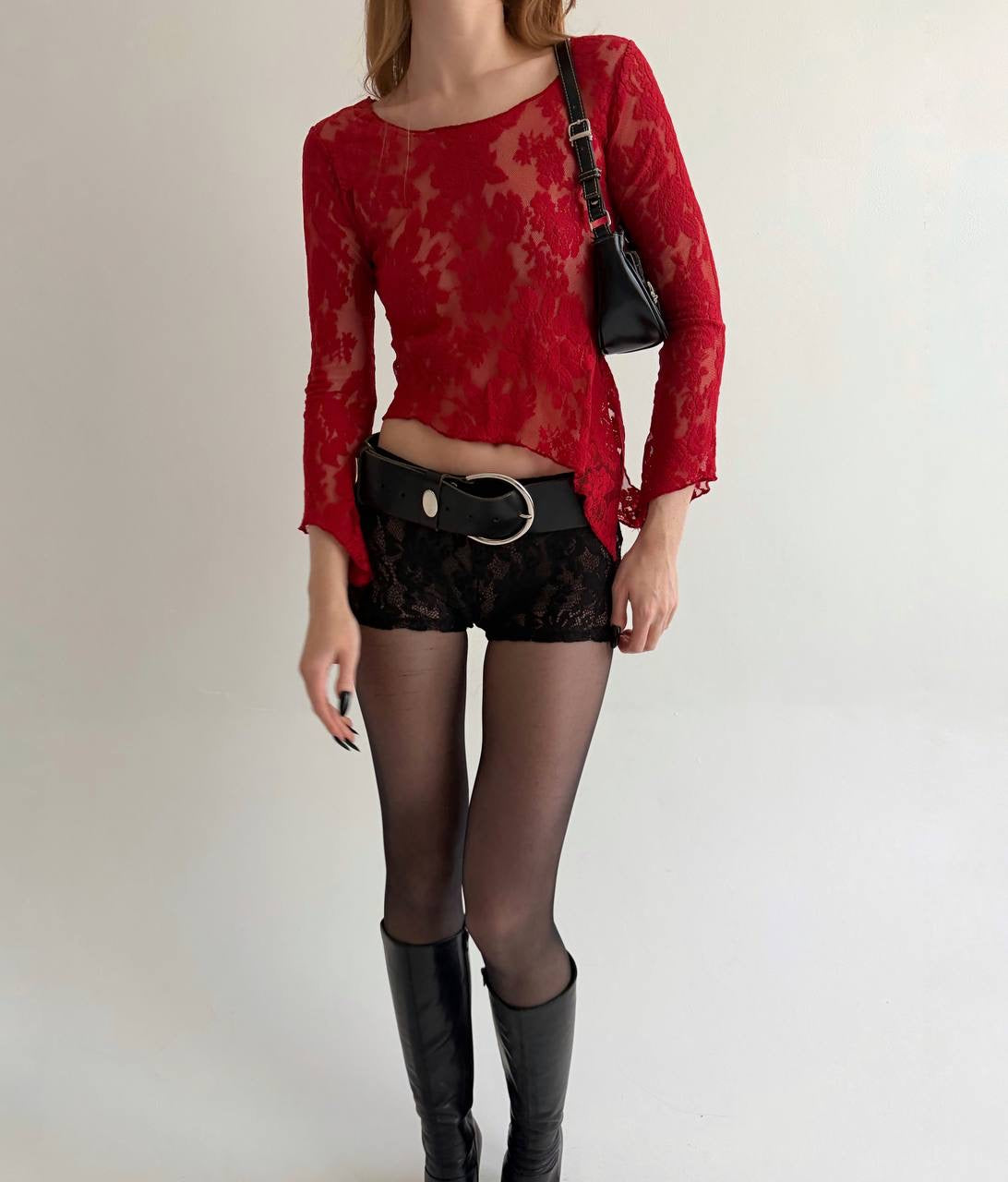 Vintage red mesh asymmetrical blouse