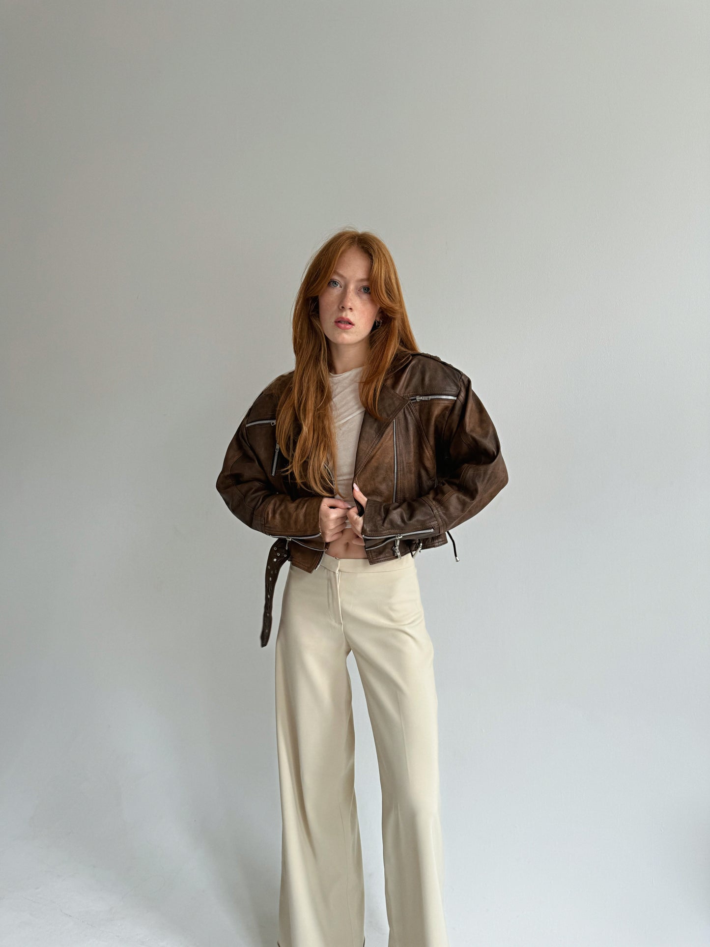 Vintage genuine leather brown waisted jacket