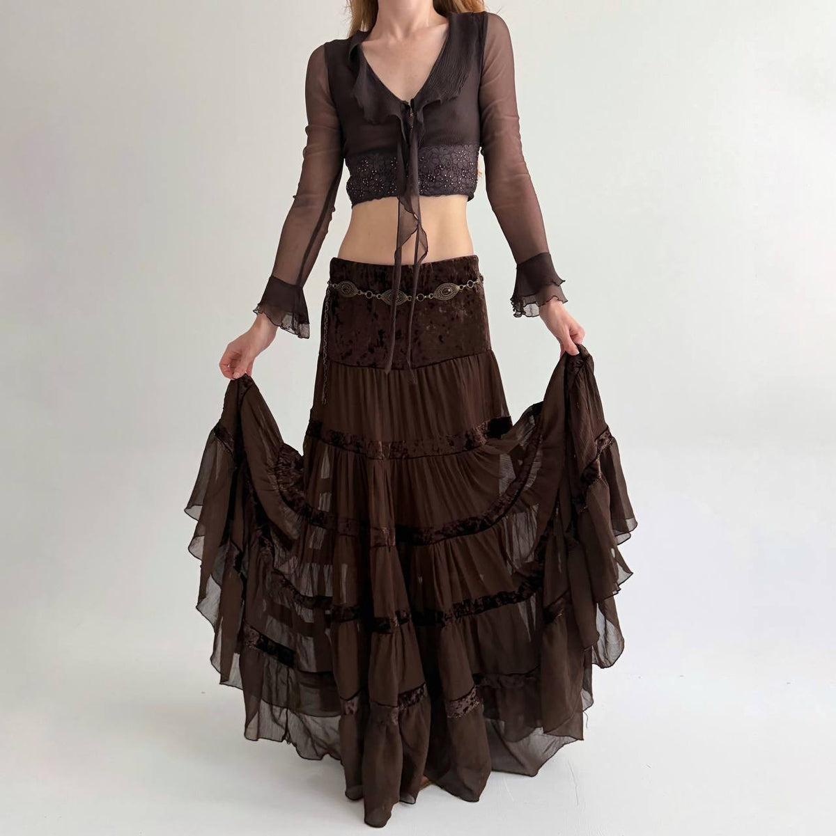Vintage viscose brown sheer ruched maxi skirt