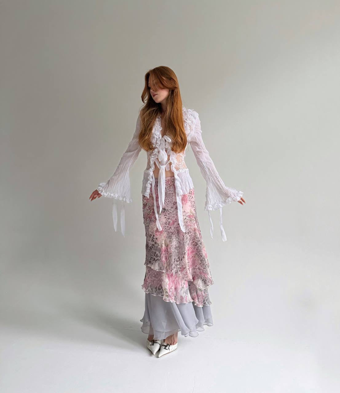 Vintage printed ruched long skirt