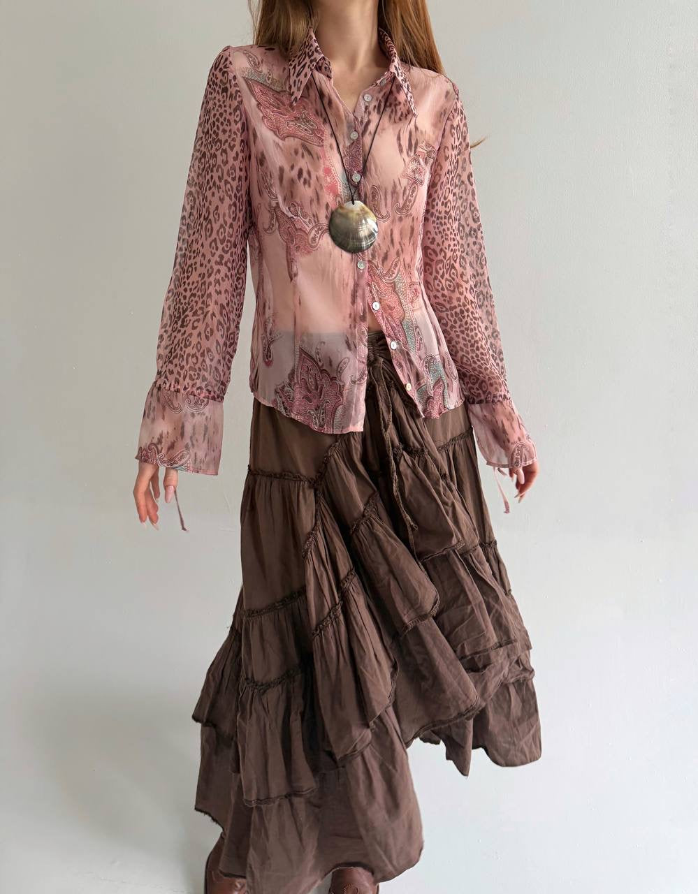 Vintage pink sheer blouse with print