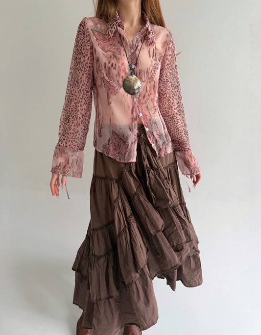 Vintage pink sheer blouse with print
