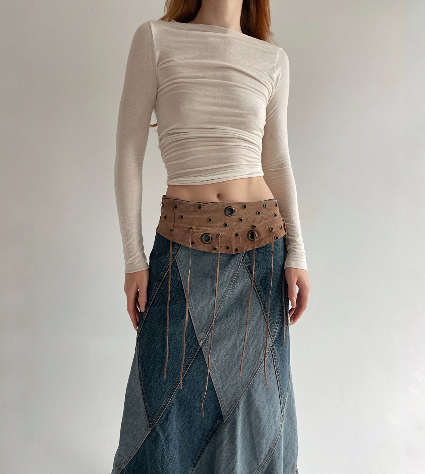 Vintage denim maxi skirt with leather waist part