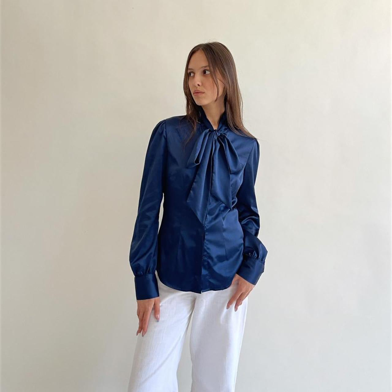 Vintage satin blue blouse with a bow
