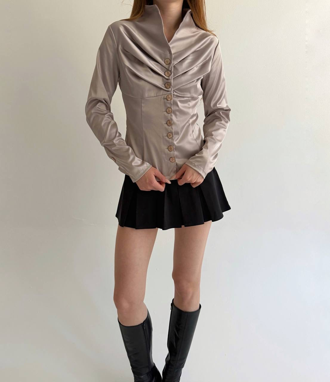 Vintage taupe satin button up blouse