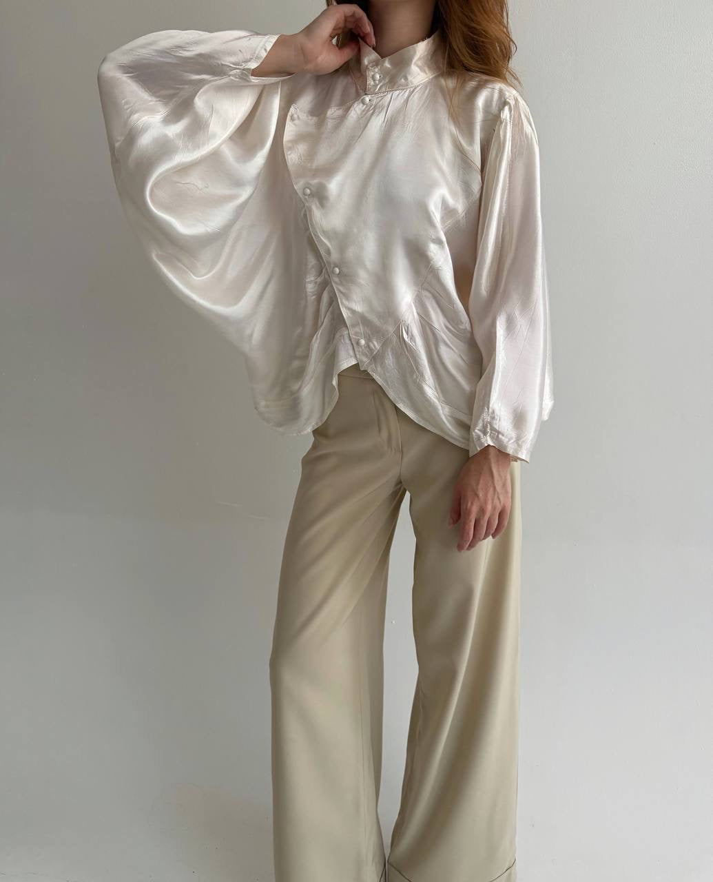 Vintage viscose cream satin asymmetrical blouse