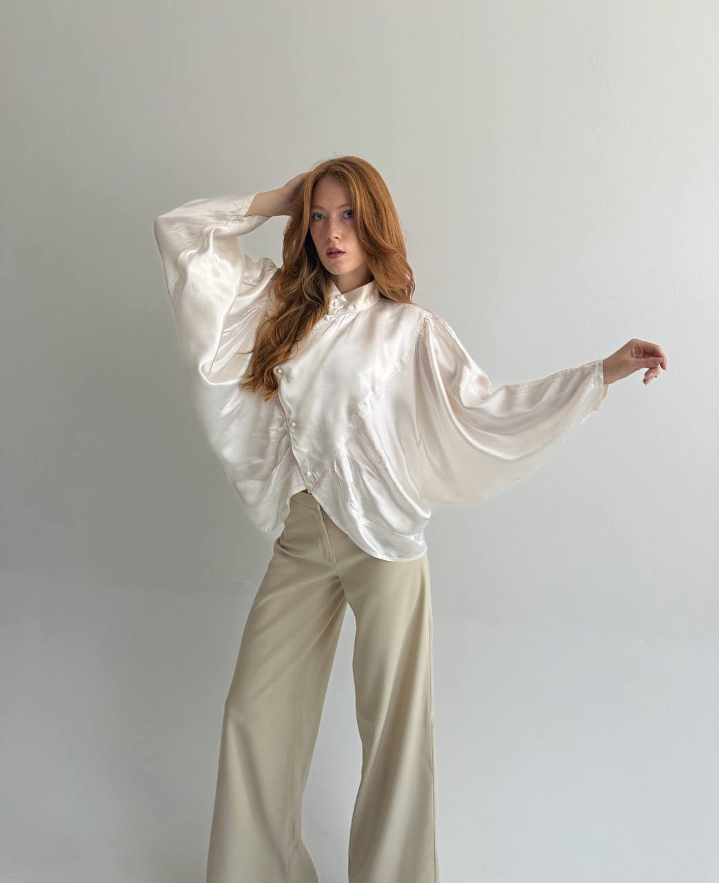 Vintage viscose cream satin asymmetrical blouse