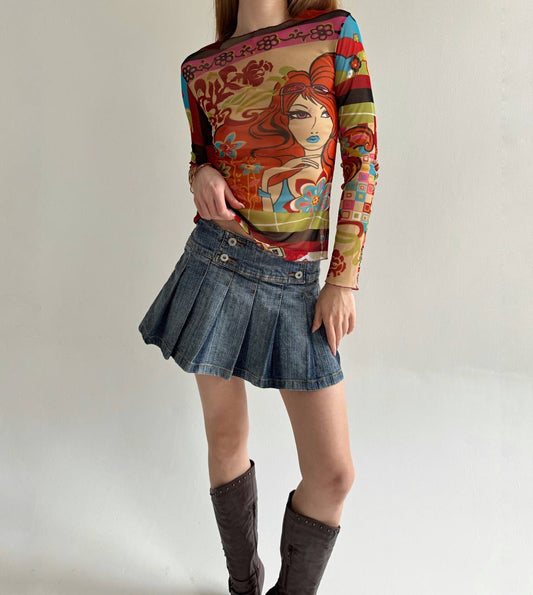 Vintage mesh printed orange blouse