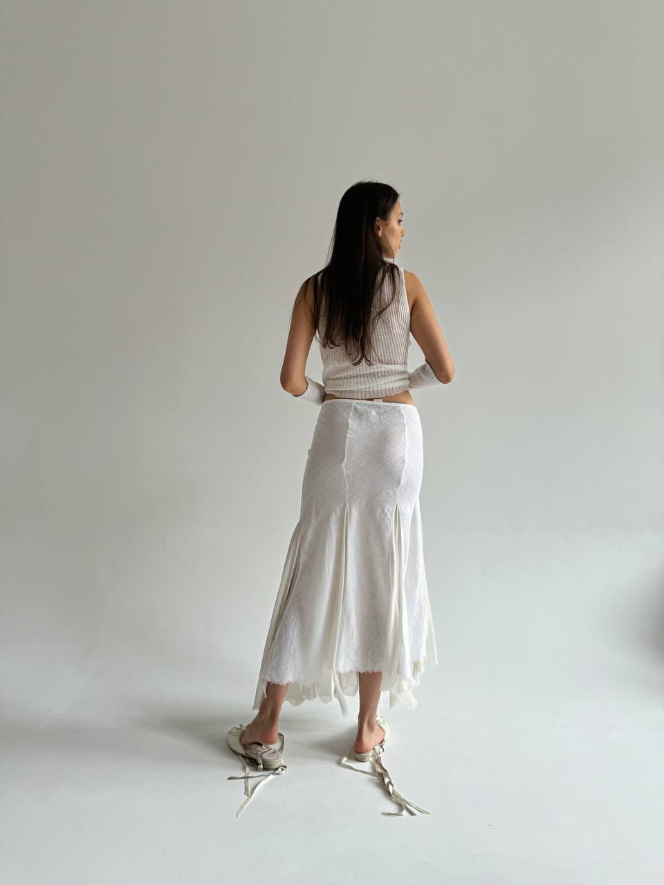 Vintage linen and silk maxi skirt in white