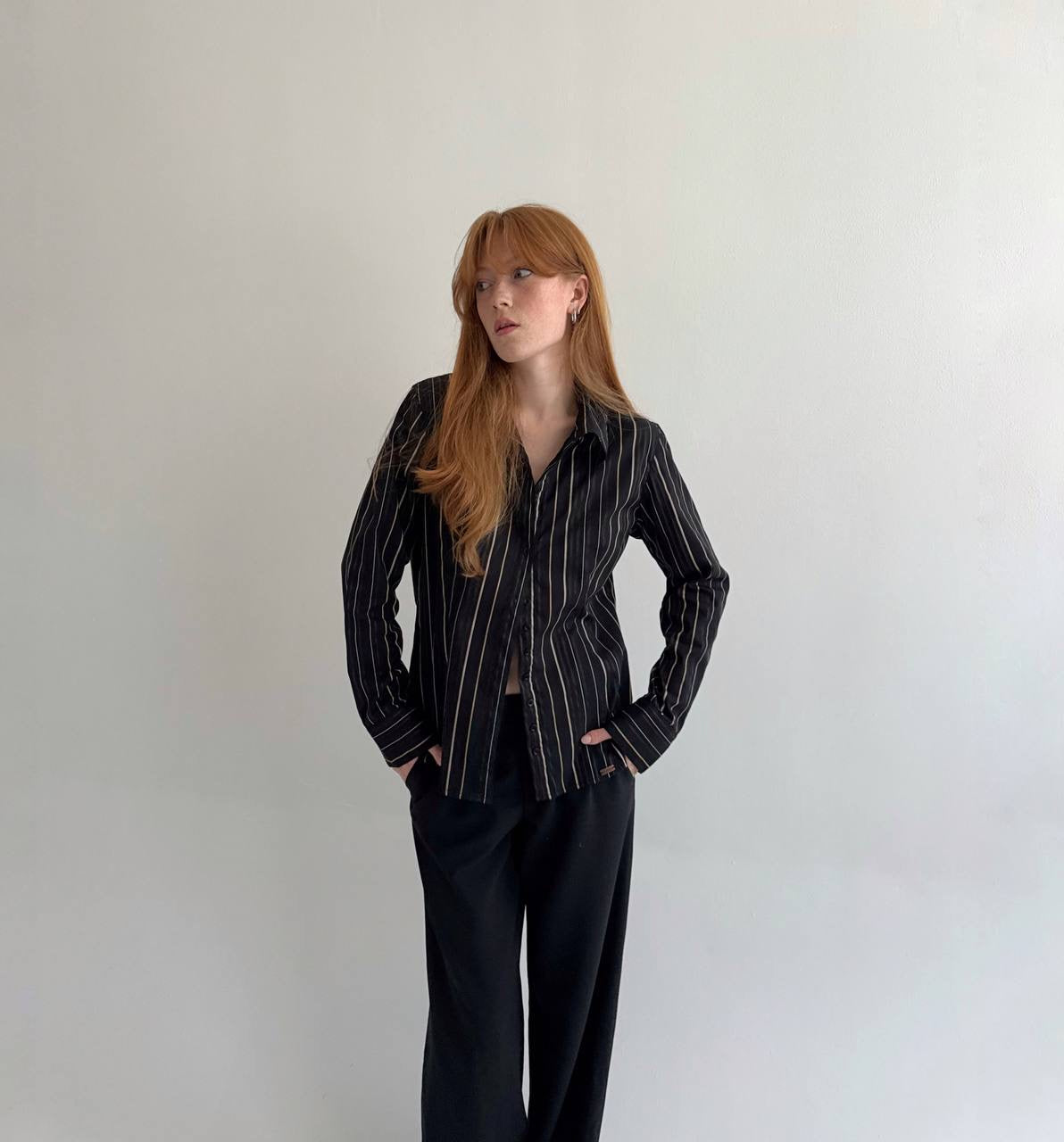 Vintage striped 55% cotton black shirt