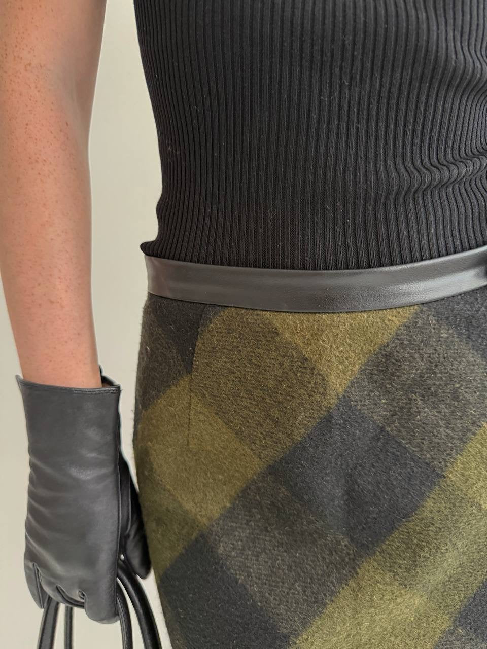 Vintage dark green khaki checked maxi skirt