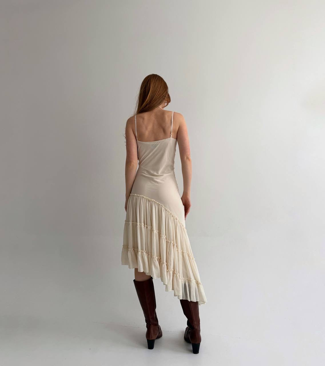 Vintage asymmetrical dress with pleated ruched bottom