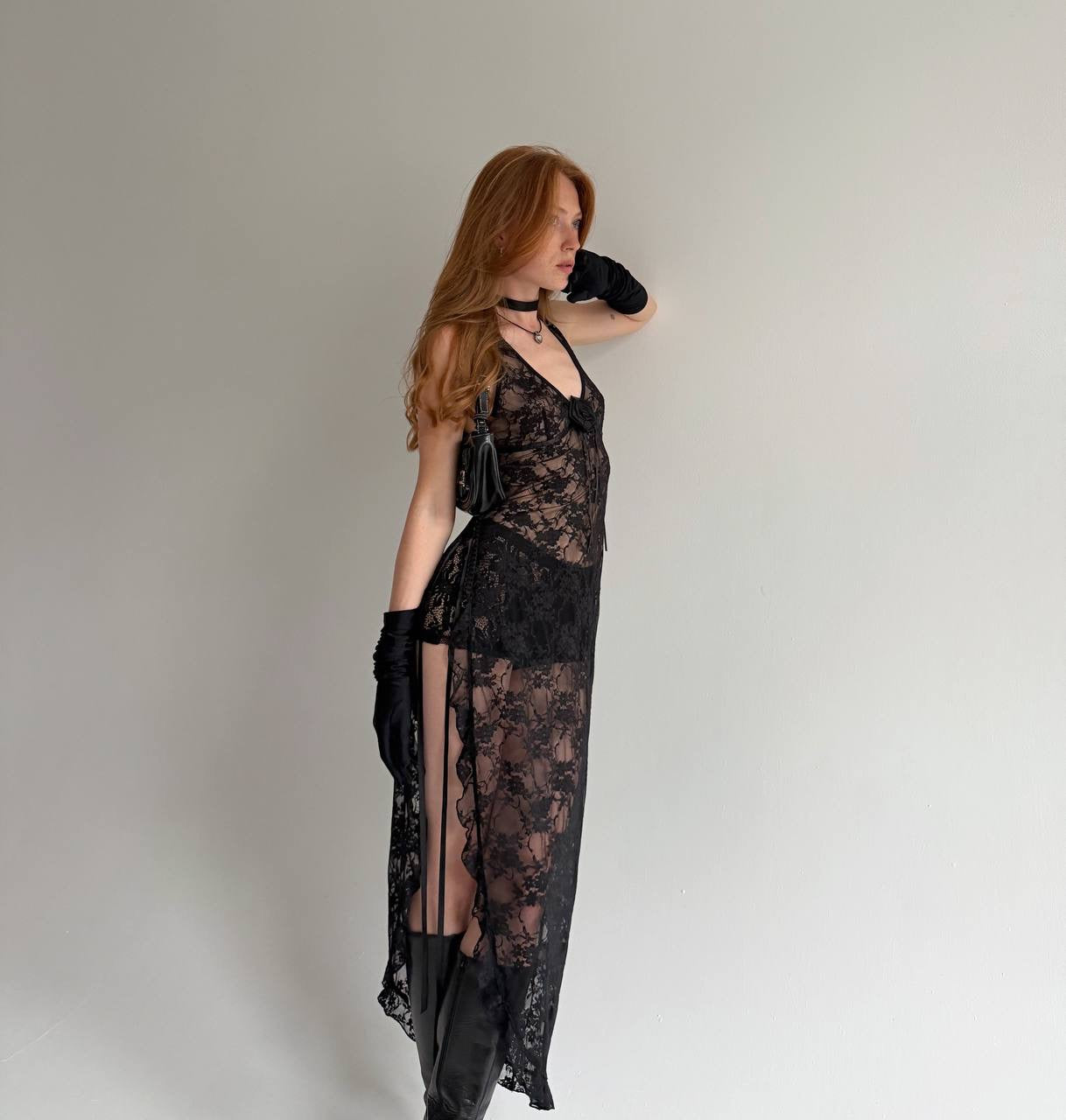 Vintage black lace asymmetrical long dress