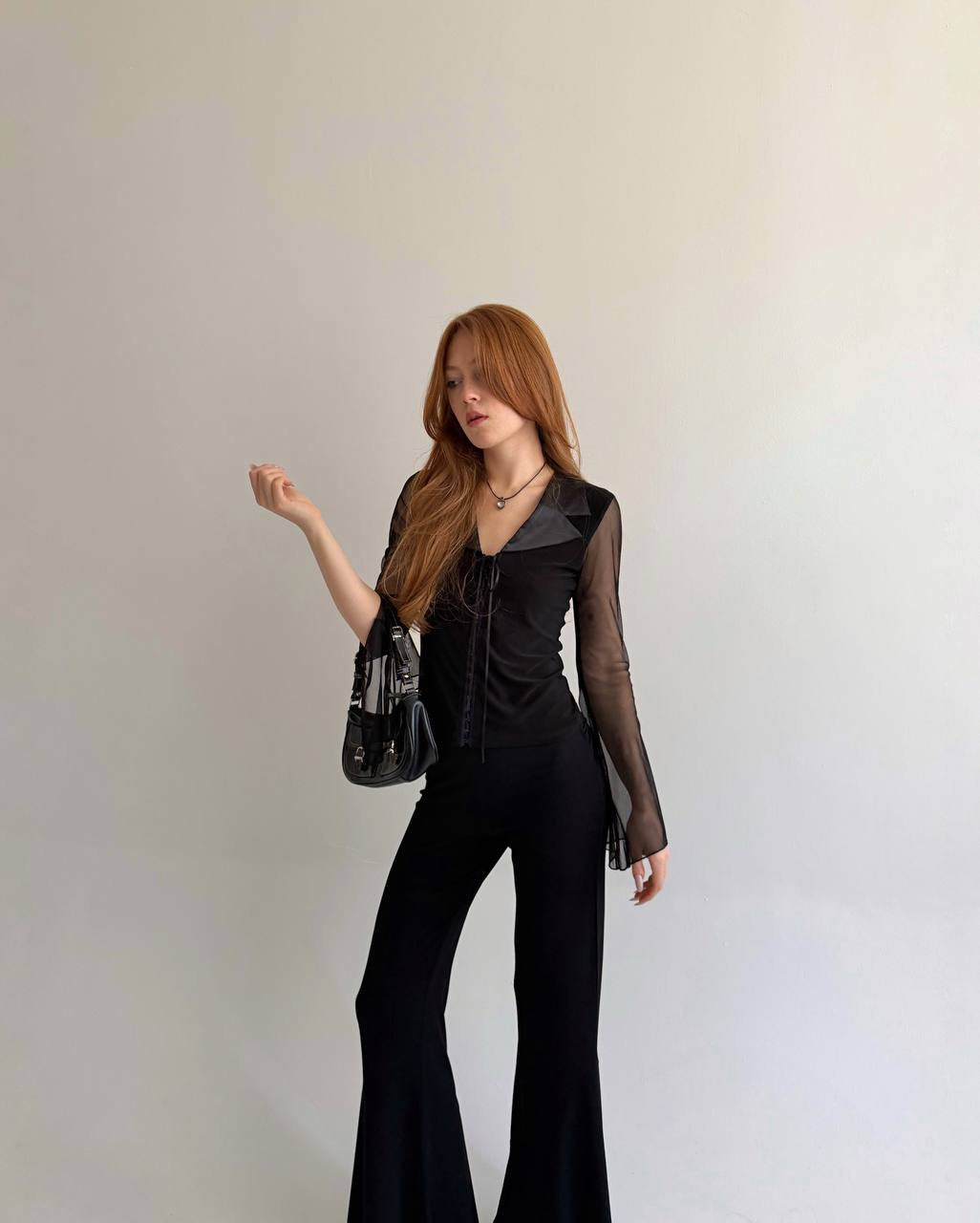Vintage black blouse with sheer sleeves
