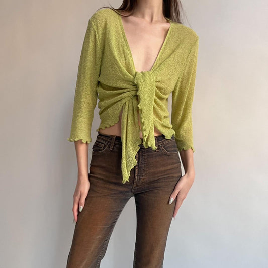 Vintage green open weave wrap top