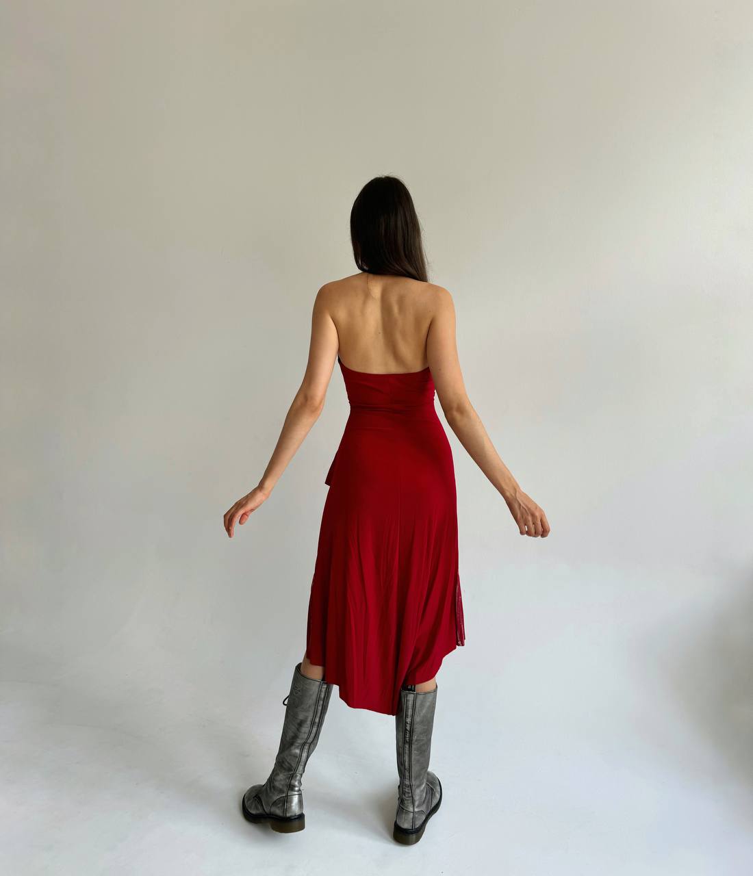 Vintage asymmetrical red dress with metallic details and crystal chain strap