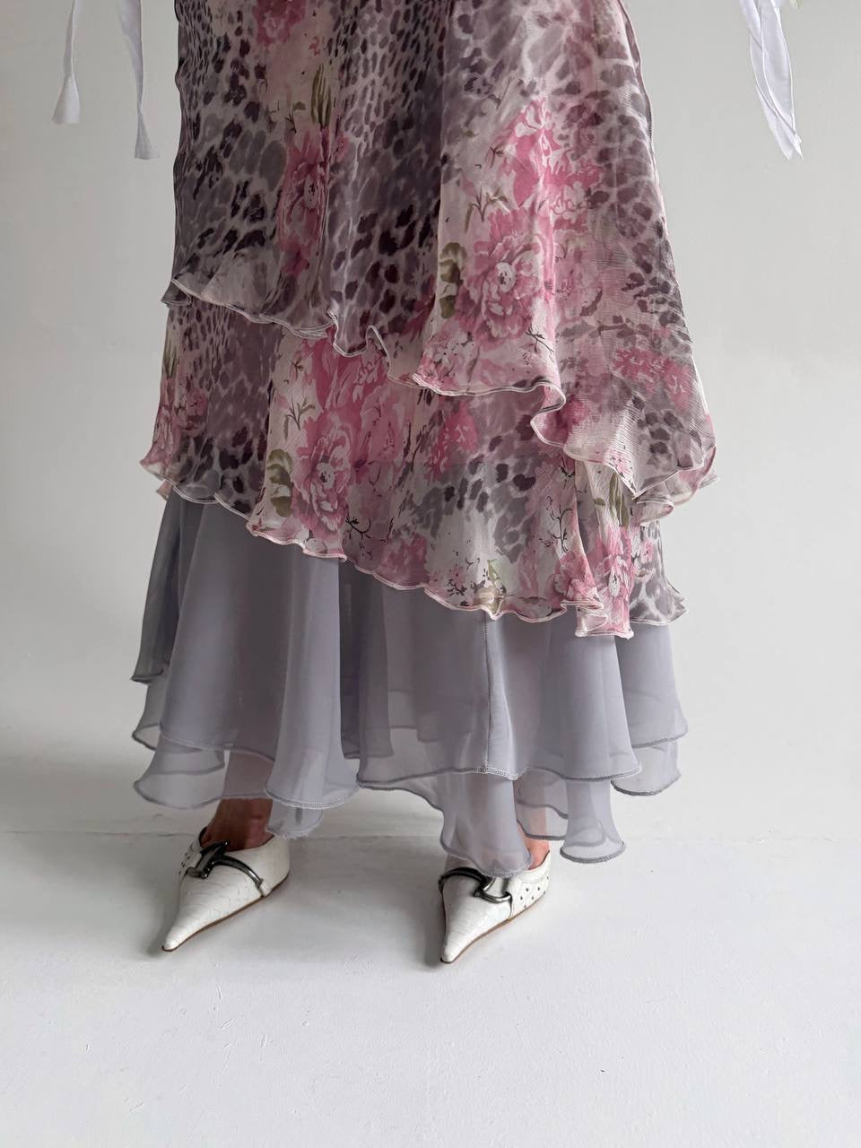 Vintage printed ruched long skirt