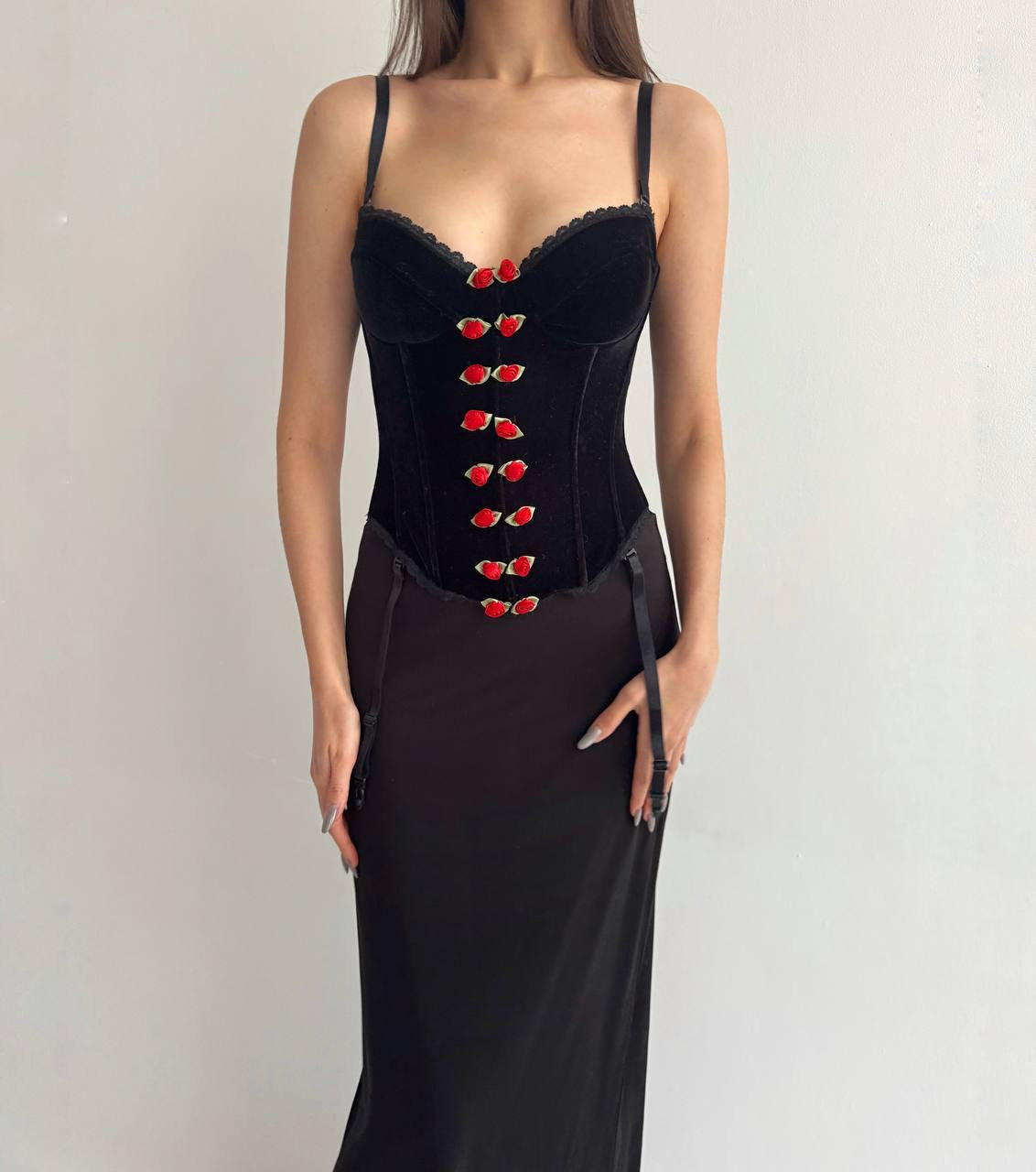 Vintage velvet corset with red roses