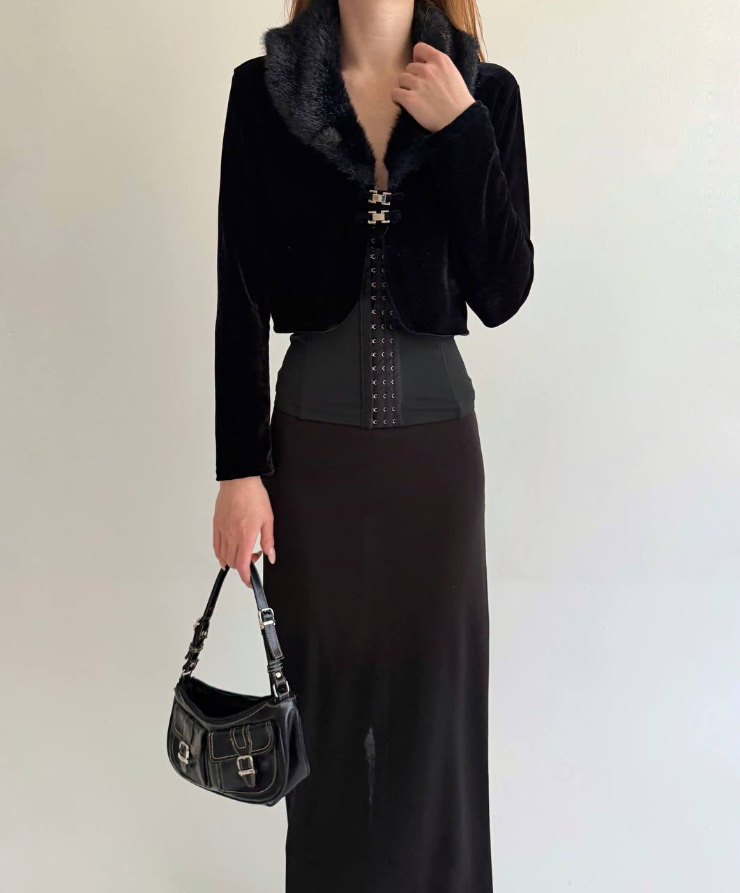 Vintage velvet cardigan with faux fur collar
