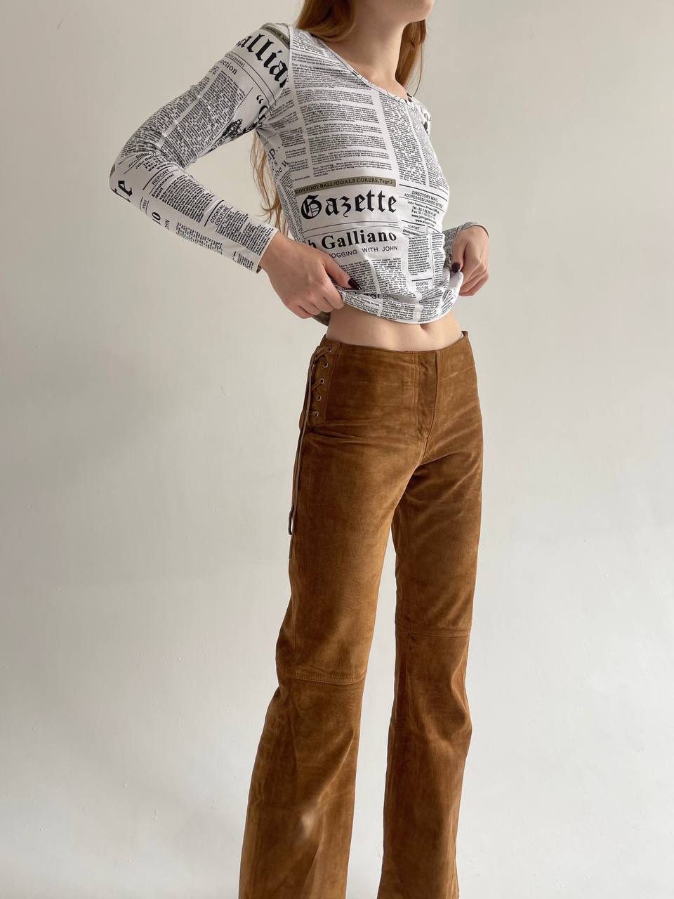 Vintage genuine leather camel side lace up pants