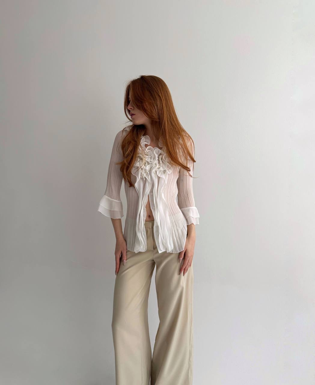 Vintage white pleated blouse with ruffles